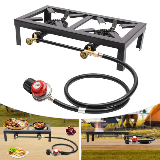 Portable Double Burner Outdoor Gas Stove With Adjustable 0-10PSI Regulator